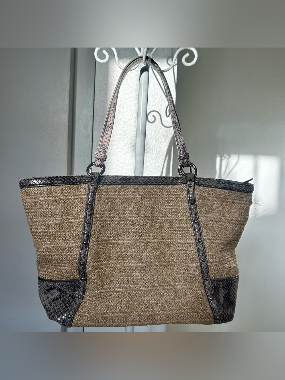 COACH EUC Alexandra straw tote with python leather trim - Picture 2 of 10